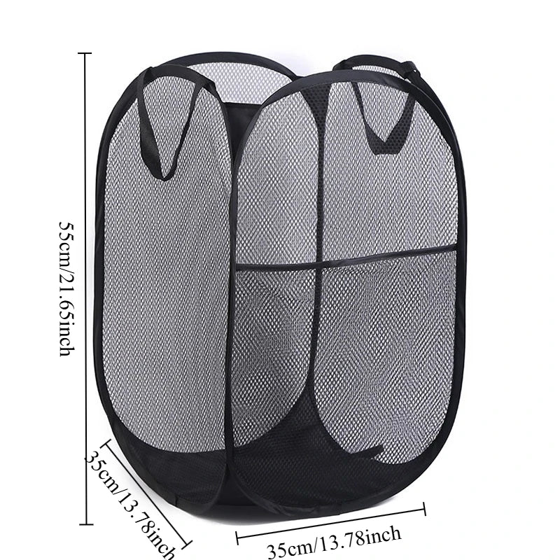 Black foldable laundry hamper with mesh netting, shown from above.