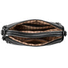 A black leather compact square crossbody bag with double-deck storage shown from the top.