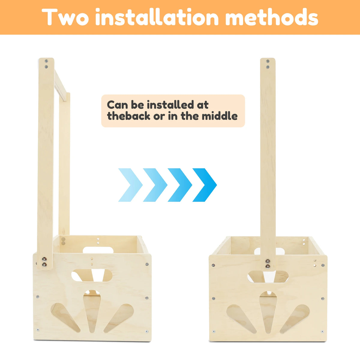 Two wooden storage crates with long handles are shown, demonstrating installation methods at the back or in the middle.