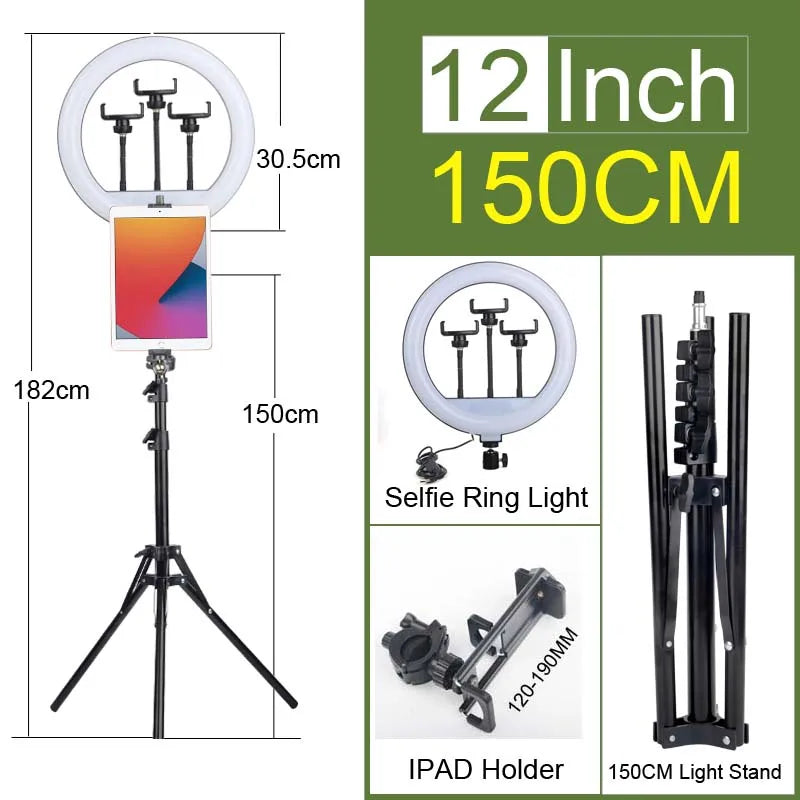 Adjustable ring light with tripod and iPad holder for streaming and video calls