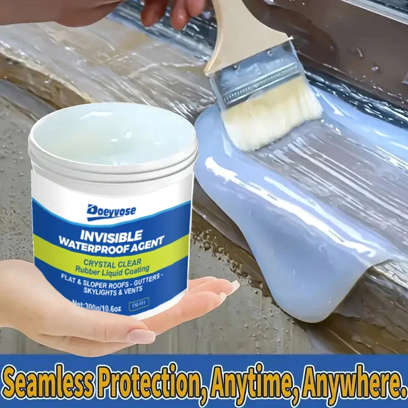 A hand holds a container of Invisible Waterproof Agent with a brush applicator, showing a clear liquid coating for sealing.