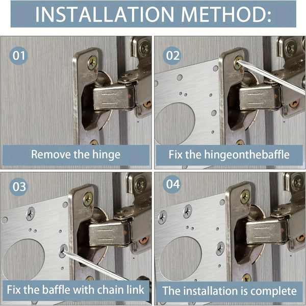 Installation method showing steps to remove a hinge, fix the hinge onto the baffle, and complete the installation.