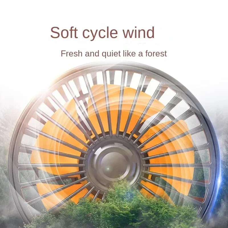 An orange and silver car cooling fan with a leaf design is shown, suggesting a soft cycle wind for fresh and quiet air.