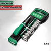 A green and black chrome vanadium socket set with a quick-release ratchet is shown on a white background.