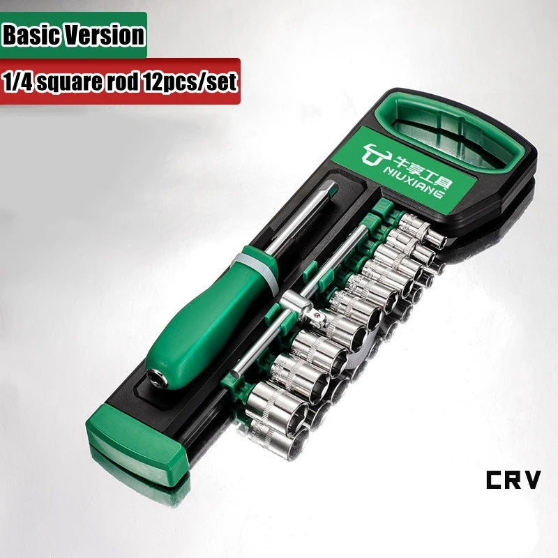 A green and black chrome vanadium socket set with a quick-release ratchet is shown on a white background.
