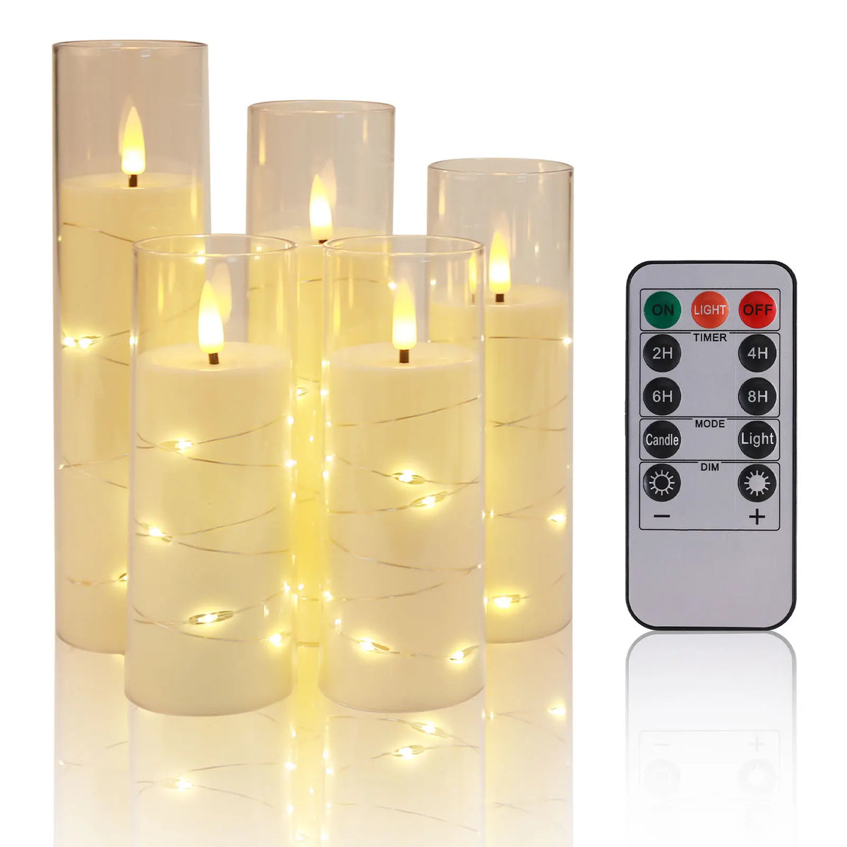 A set of tall, cylindrical LED candles with twinkling string lights and a remote control for lighting.