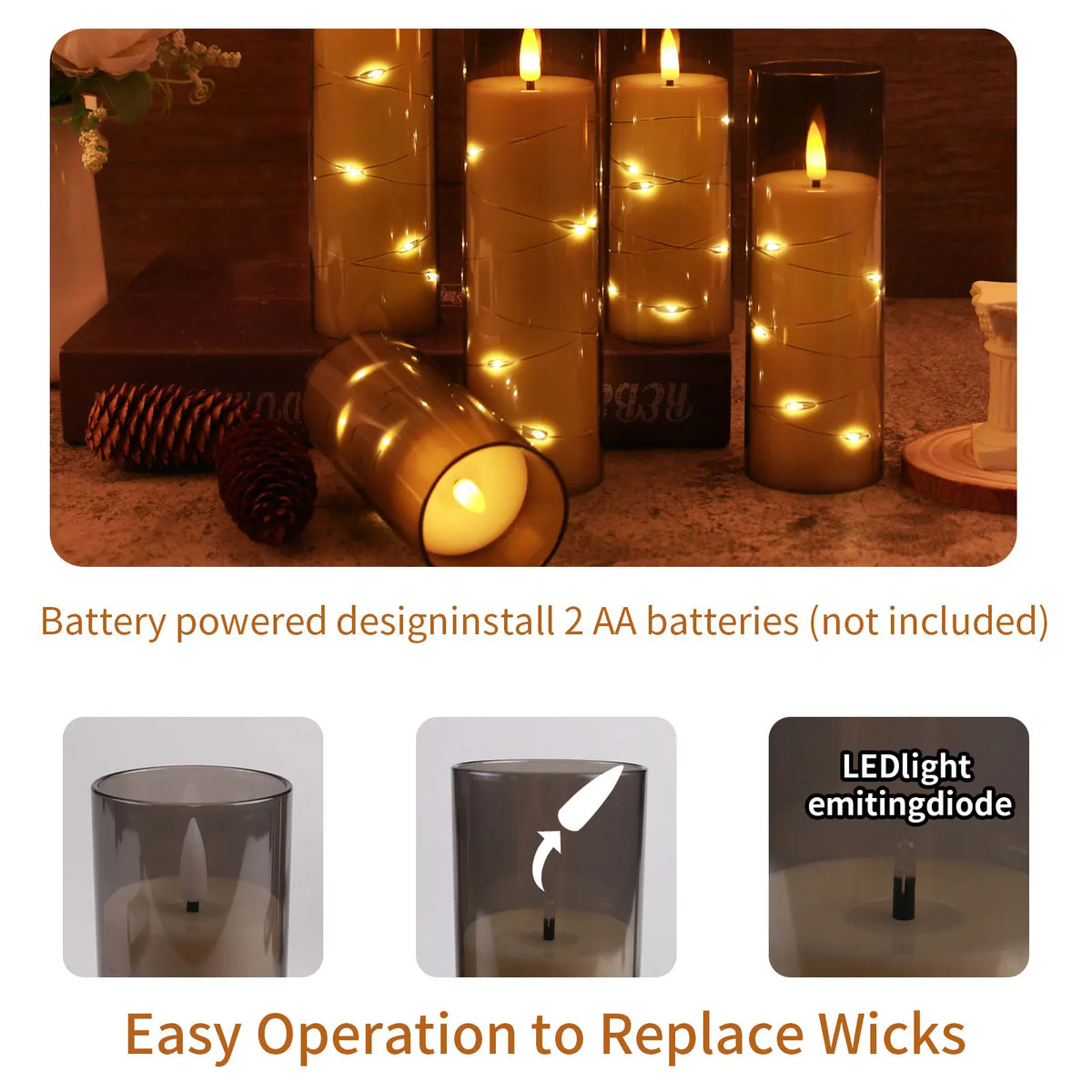 A set of battery-powered LED candles with twinkling string lights and a glass holder for easy operation.