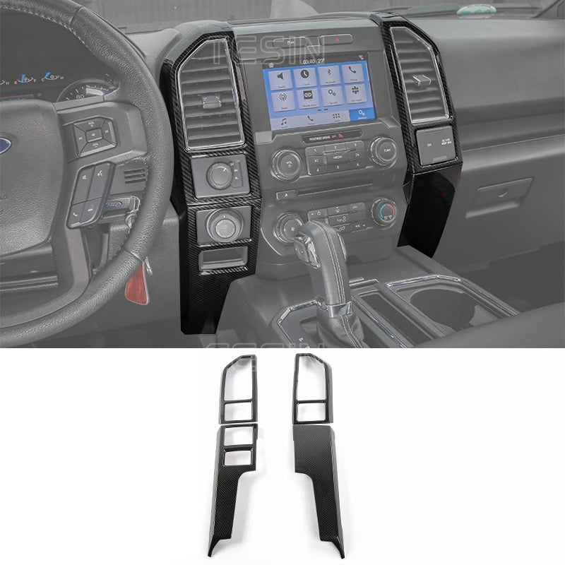 Carbon fiber grain center console trim cover for a Ford F-150 vehicle interior.