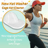 A woman is using a new hat washer cage cleaner on a white mesh hat outdoors.