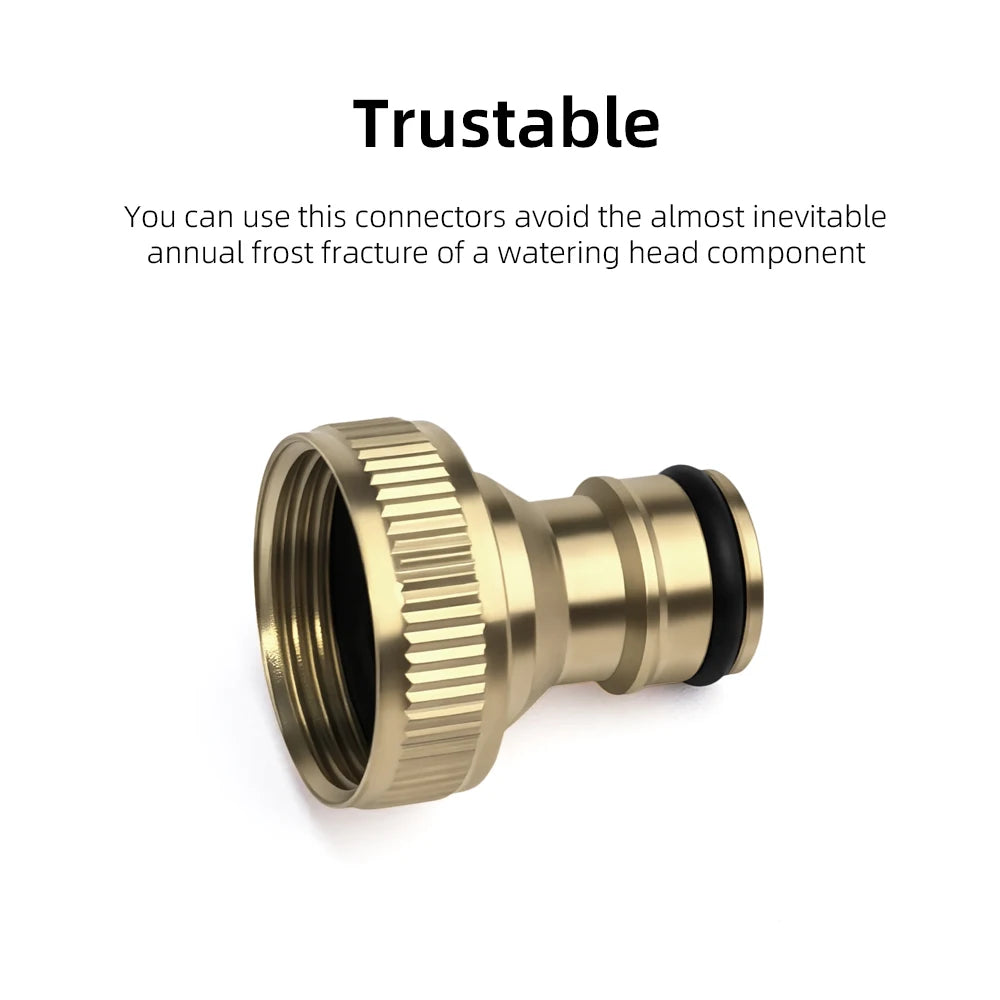 A brass garden hose quick connector with a ribbed fitting and a black rubber seal.