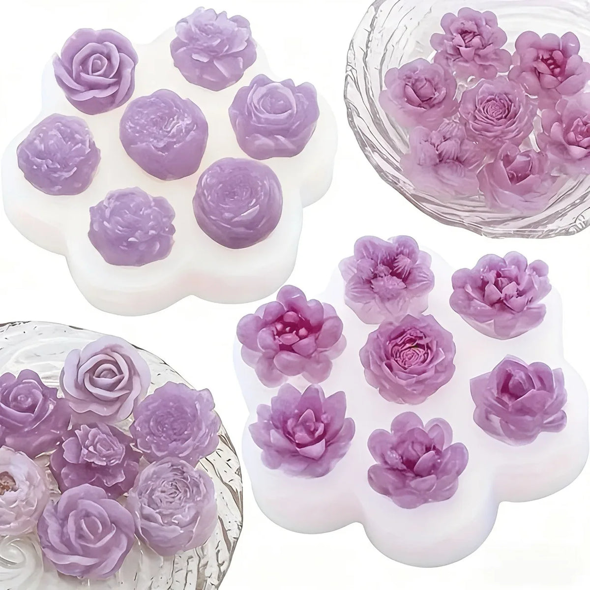 A set of silicone molds shaped like roses in various shades of purple for crafting