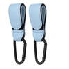 A pair of light blue and black PU leather stroller hooks with swivel bags for organizing strollers and prams.