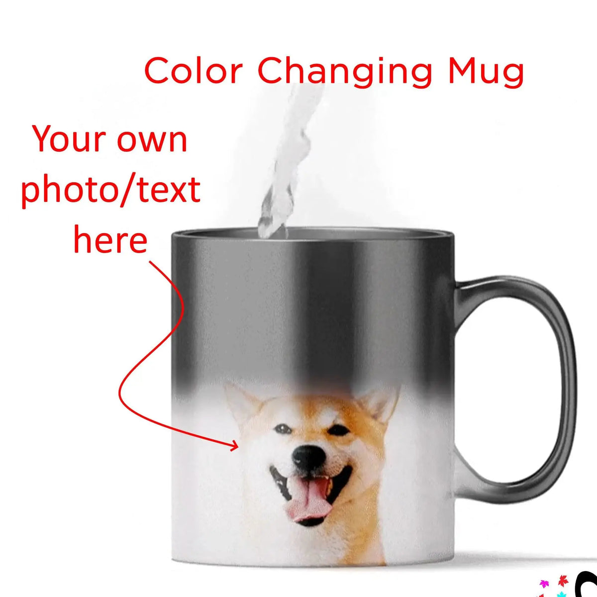 Tasse en céramique argentée avec une photo de chien, conçue pour changer de couleur.