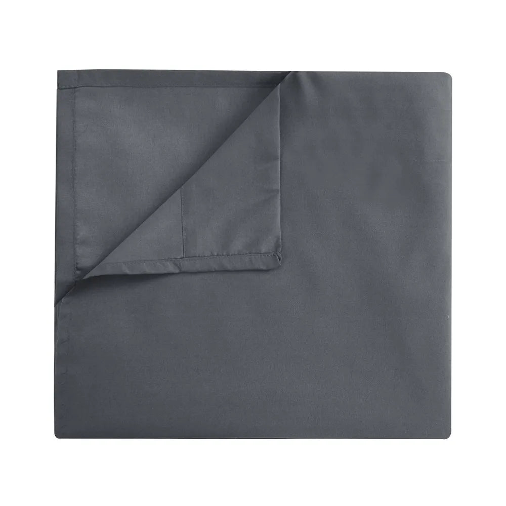 A folded gray microfiber bedding set including a fitted sheet, flat sheet, and pillowcases.