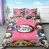 Demon Slayer duvet cover set featuring characters and themes in pink and dark colors