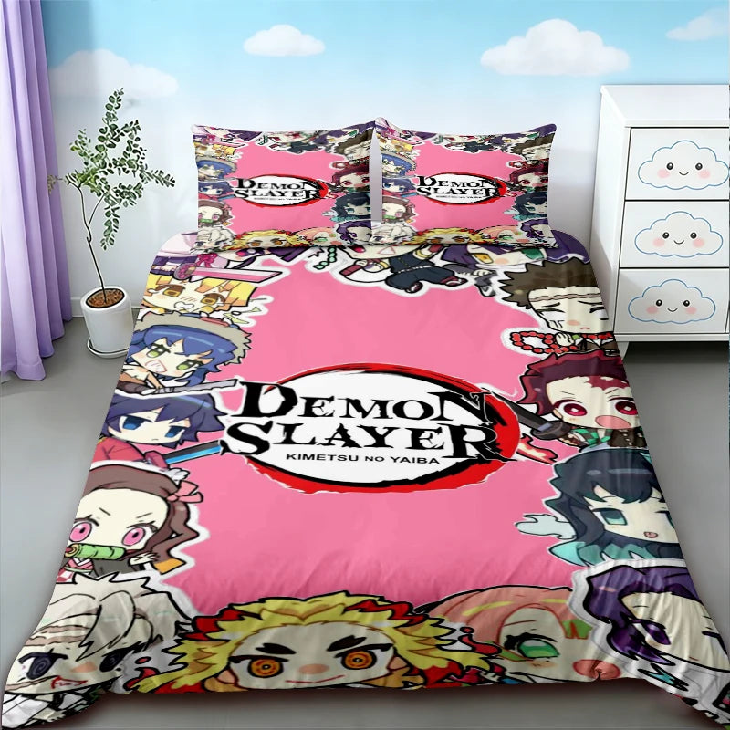 Demon Slayer duvet cover set featuring characters and themes in pink and dark colors
