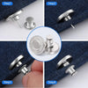 Four steps showing how to use an instant no-sew snap button kit for loose jeans