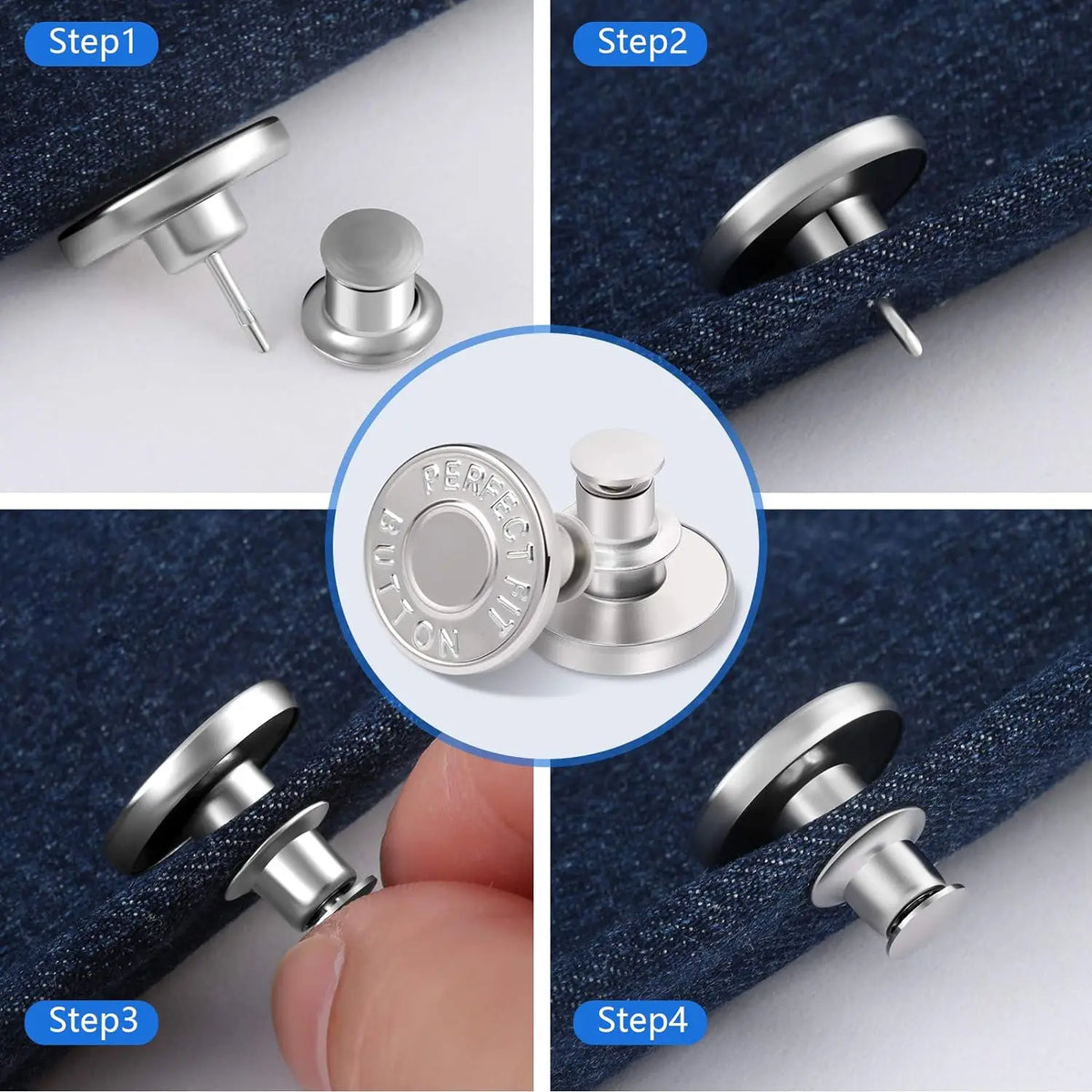 Four steps showing how to use an instant no-sew snap button kit for loose jeans