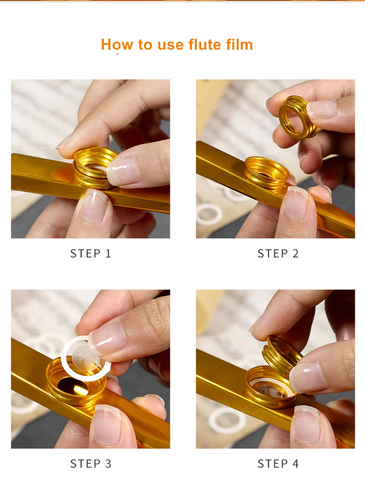 Four steps showing how to use a flute film product, involving placing and removing the membrane diaphragm.