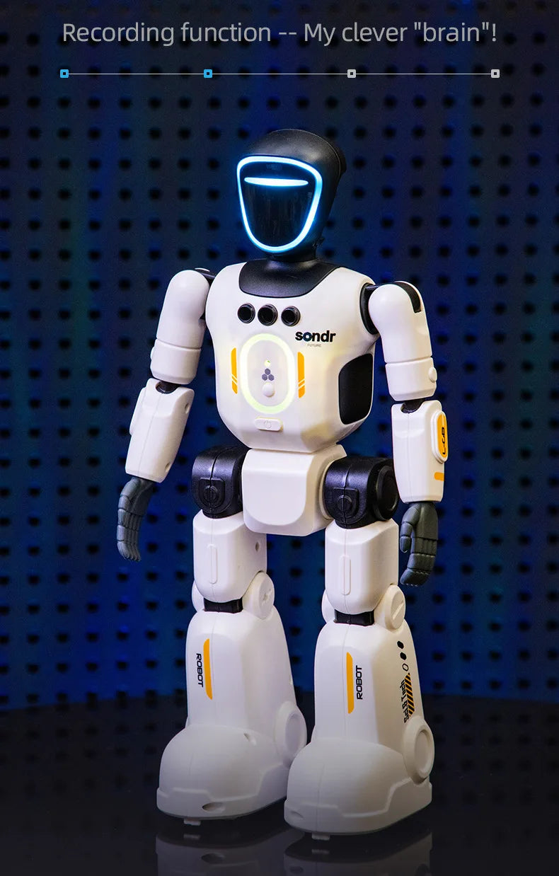 A white robot with a glowing blue head and orange accents stands on a dark surface.