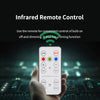 A hand holds a smartphone displaying an infrared remote control for convenient on/off and dimming of a light bulb.