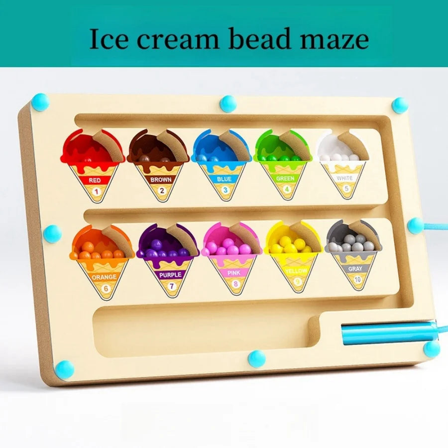 A wooden ice cream bead maze board with colored cones for sorting and learning