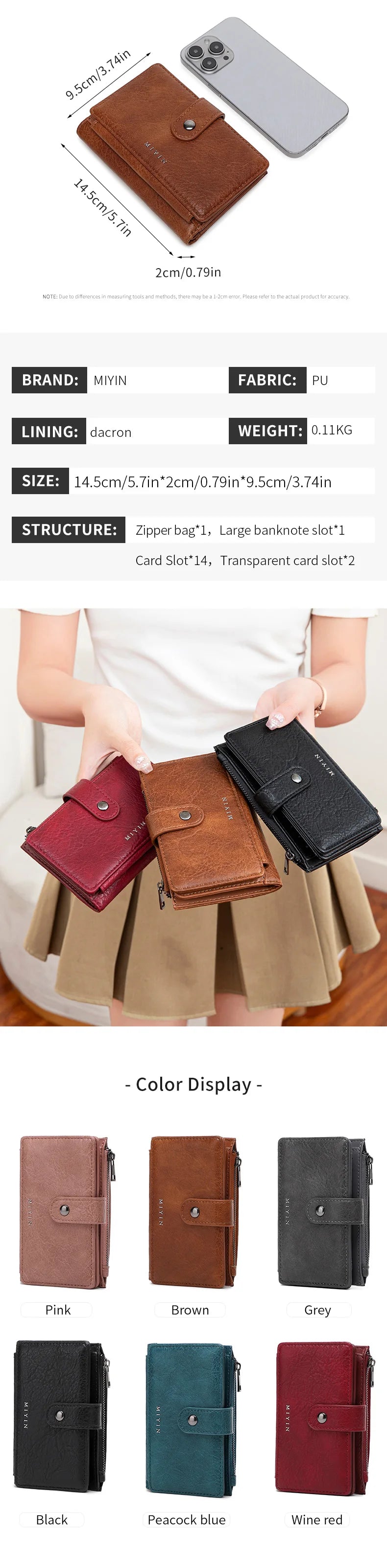 Collection de porte-monnaie bi-pli RFID avec des couleurs marron, rouge, noir et gris, présentés sur un fond clair.