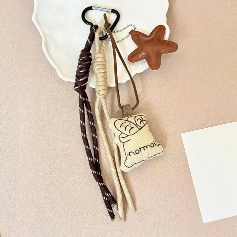 Kawaii Cartoon Linen Keychain – Cute Coffee & Bread Design with Leather Heart Pendant