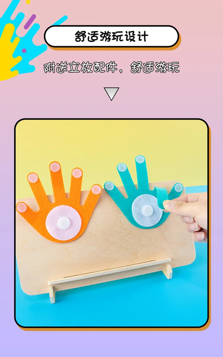 A hand is placing orange and blue wooden fingers onto a light wood surface for a Montessori counting activity.