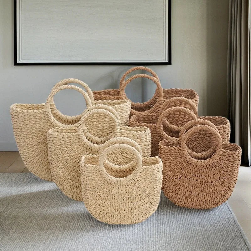 Handwoven Rattan Half-Moon Beach Bag