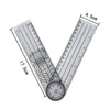 Stainless steel precision straight ruler showing a V-angle measurement with markings and a graduated circle.
