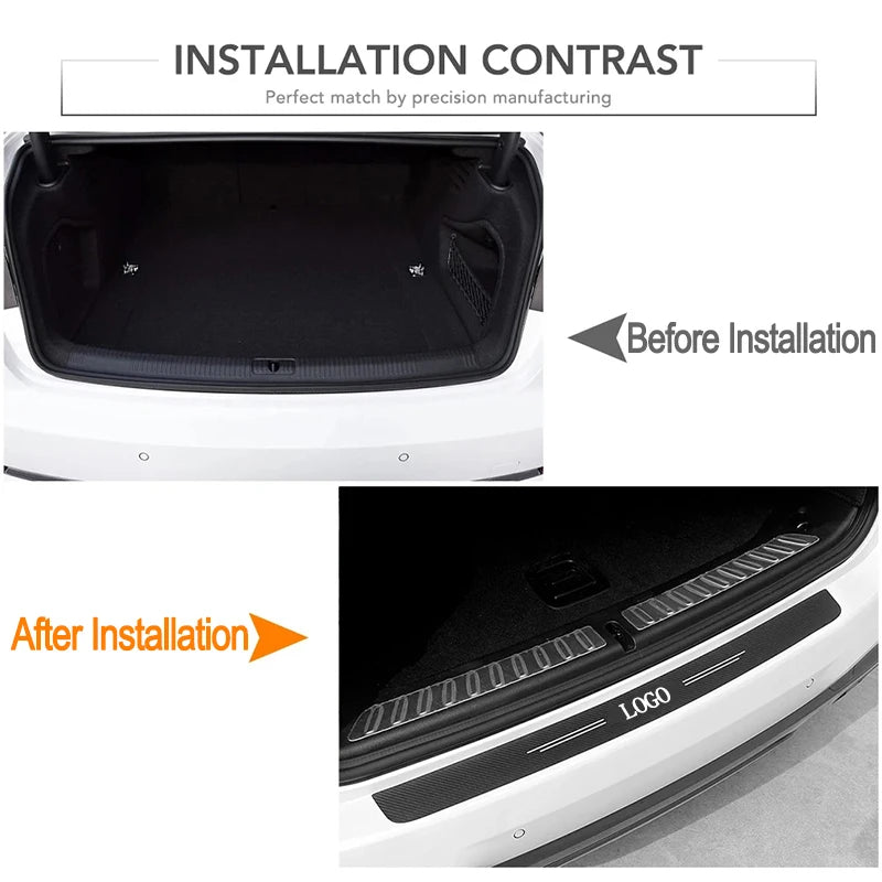 Comparison showing the installation contrast of carbon fiber door sill protector stickers before and after installation on a 