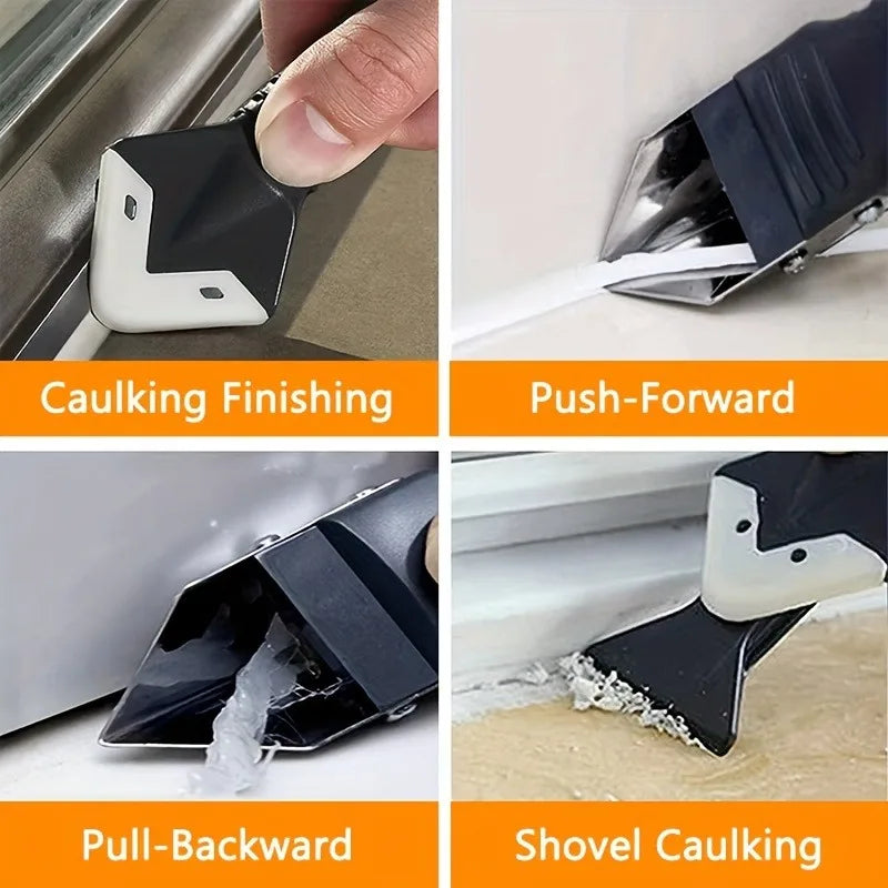 A set of five caulking tools shown in various angles demonstrating pushing, pulling, and shoveling techniques for sealing gap
