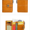 A brown leather wallet with multiple card slots and a flap closure, shown in three views.