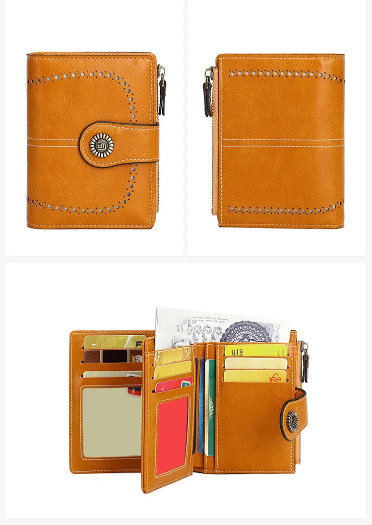 A brown leather wallet with multiple card slots and a flap closure, shown in three views.