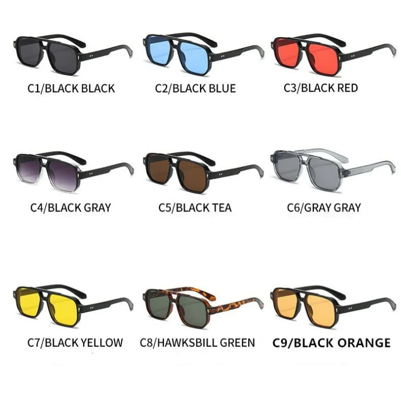 A collection of nine pairs of retro double-bridge square sunglasses in various black, blue, red, gray, tea, yellow, green, an