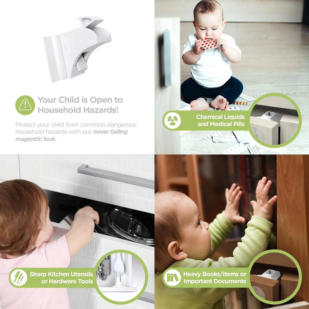 Two magnetic child safety cabinet locks protecting children from household hazards like chemical liquids and medical pills.