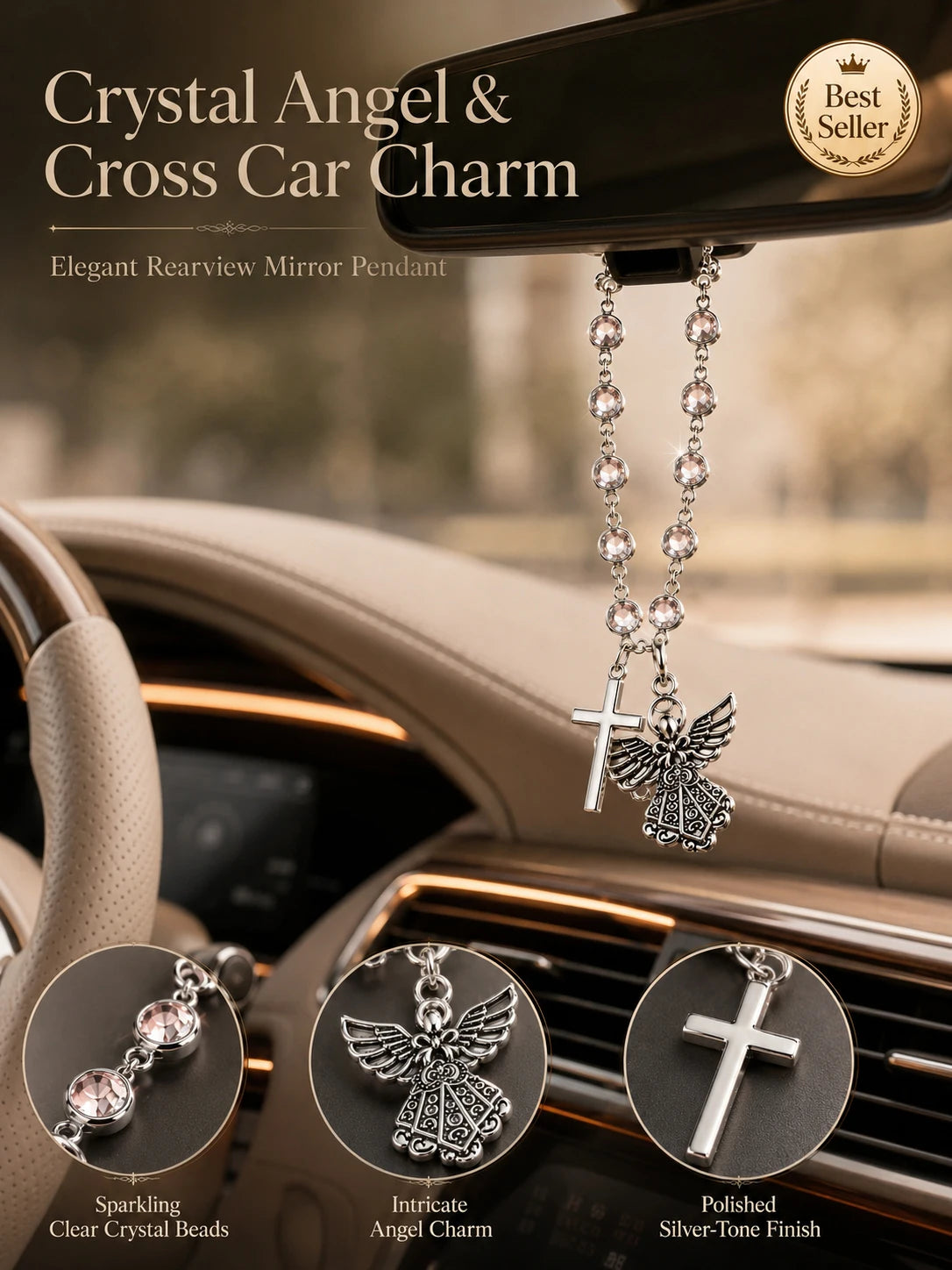 Crystal Angel & Cross Car Charm