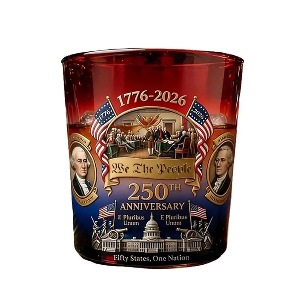 A red commemorative glass decanter featuring text about the 250th anniversary of the United States.