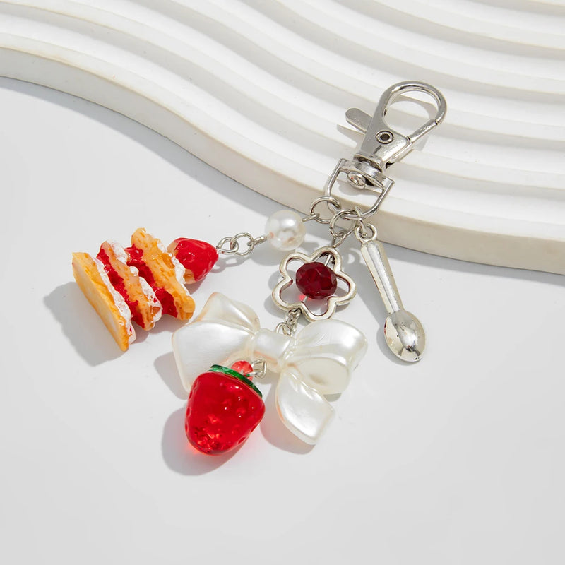Strawberry Cake Bag Charm with Pearl Bowknot