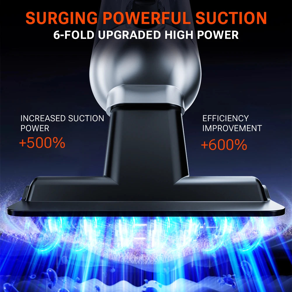 A close-up of a handheld vacuum cleaner demonstrating powerful suction with blue light effects.