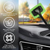 A green microfiber cleaning brush is shown being used to clean a car's interior windshield.