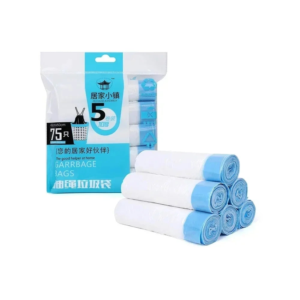 Pack of five scented drawstring trash bags with handles in a blue and white package.