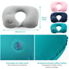 A set of self-inflating travel neck pillows in pink, navy blue, and teal colors showing the design and sealing features.