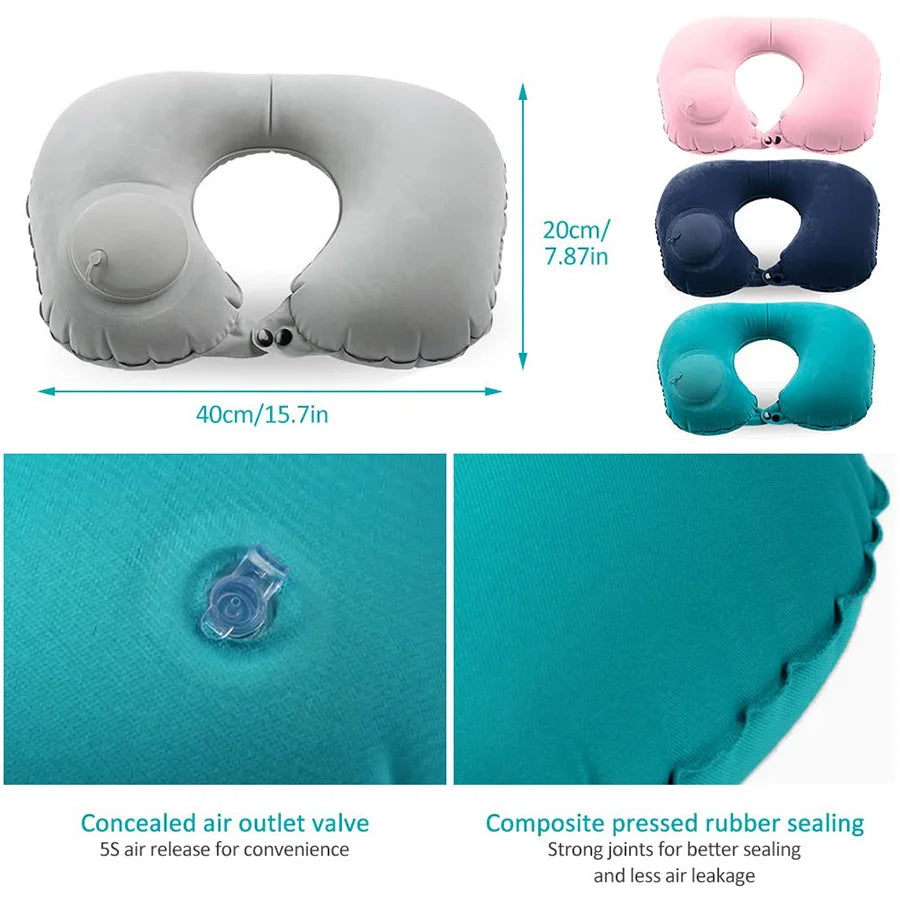 A set of self-inflating travel neck pillows in pink, navy blue, and teal colors showing the design and sealing features.