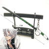 A replica metal sword of a katana is displayed next to an anime character inspired by Tanjiro.