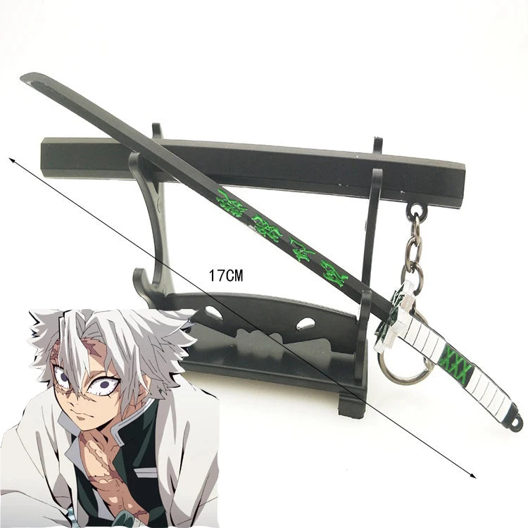 A replica metal sword of a katana is displayed next to an anime character inspired by Tanjiro.