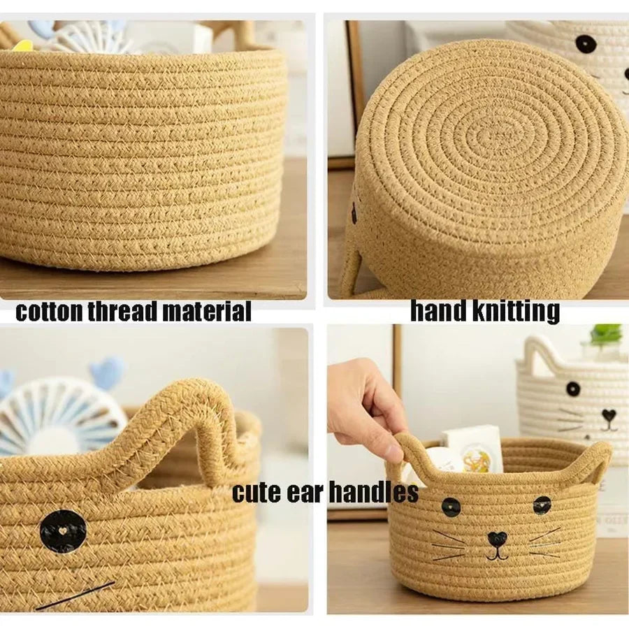 Hand knitted woven cotton rope storage basket with cute ear handles in natural beige color