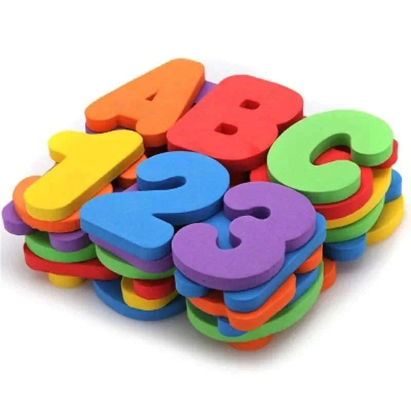 A colorful set of soft EVA bath letters and numbers including A, B, C, 1, 2, and 3 floating educational toys.