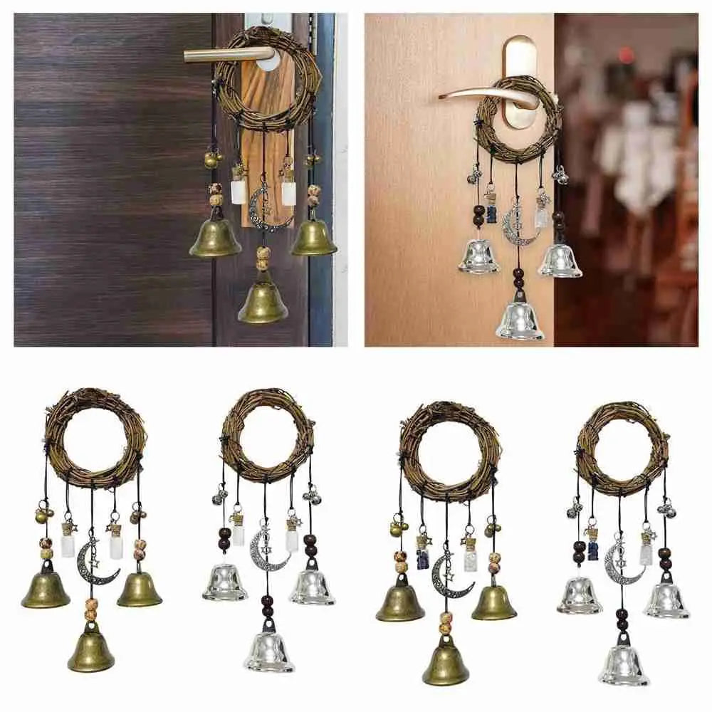A set of witch bells door hangers and wind chimes hanging on a wooden door.
